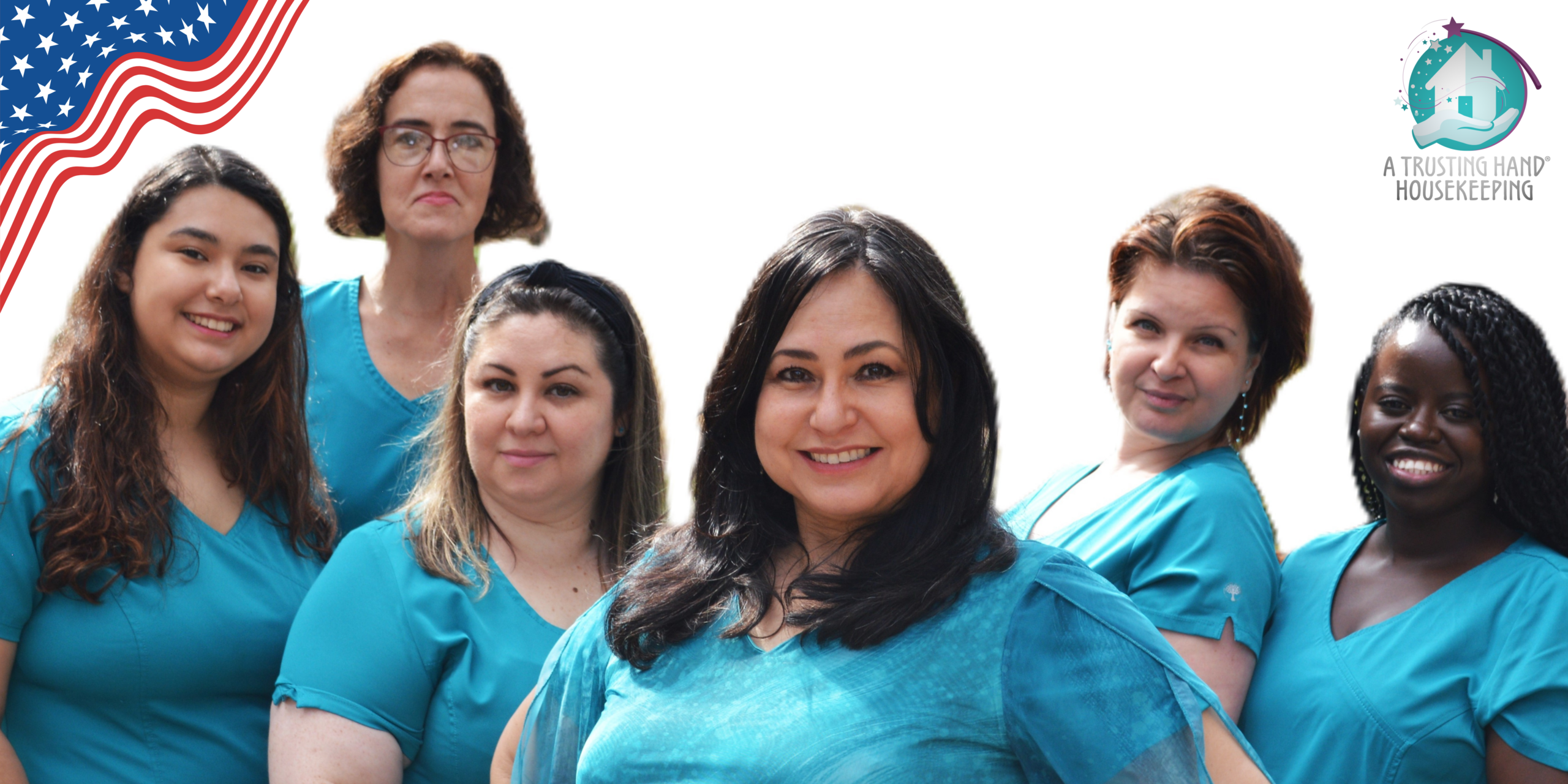 We Clean This Country Too: A Latina Business Owner's American Dream on the 250th 1 A Trusting Hand owner with her team. Cleaners in scrubs.