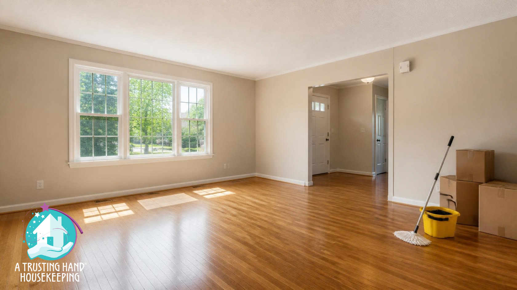 empty living room with moving boxes and cleaning supplies, representing move in and move out cleaning services in Marietta and East Cobb
